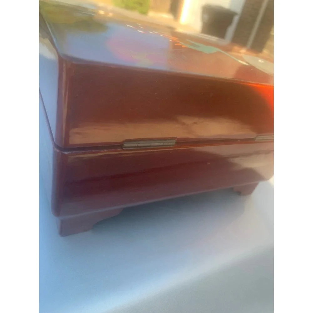 Vintage Japanese Lacquer Ballerina Music Jewelry Box Peacock Moon Red Velvet